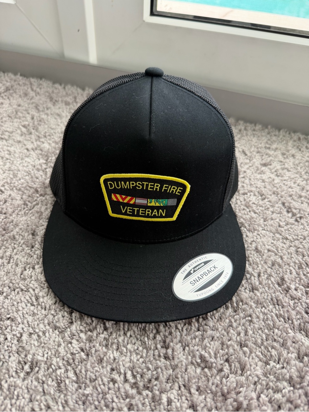 Dumpster Fire Veteran Black Trucker Hat Yupoong Snapback Military Patch Cap